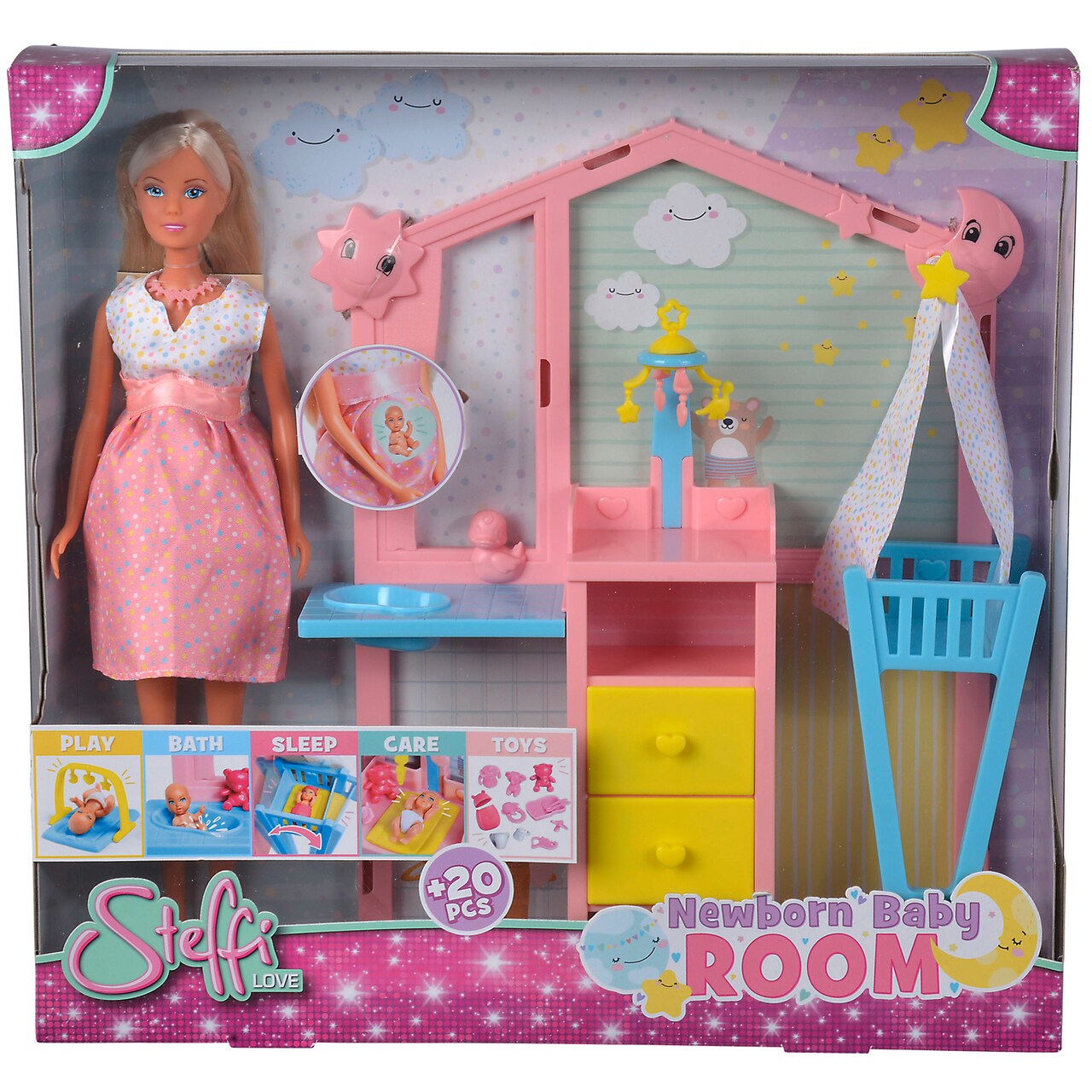 Simba Toys: Steffi Love - Newborn Baby Room Set - 20pc Playset, Pregnant 11.4" Steffi Doll & Baby Figure, Furnished Nursery & Accessories, Kids 3+
